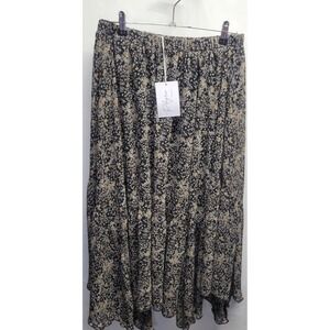 NWT Polagram Black Floral‎ Midi Skirt Boho Elastic Waist Flowy Ruffle L